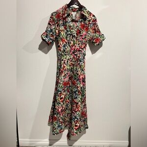 Vintage JG KOOK 100%Linen  Faux Wrap Flare Splash paint print Maxi Dress